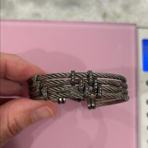 Elegant Silver steel Cable twisted  Bracelet with diamonds. Heavy.Unique 7”